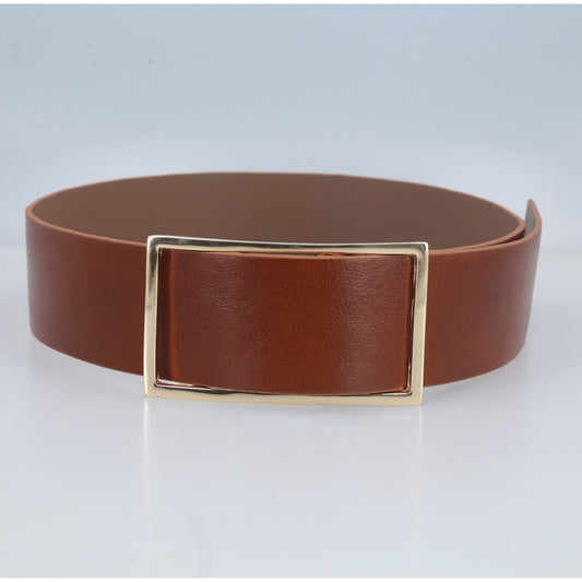 Cinto Feminino em Couro com Fivela Retangular Dourada Caramelo
