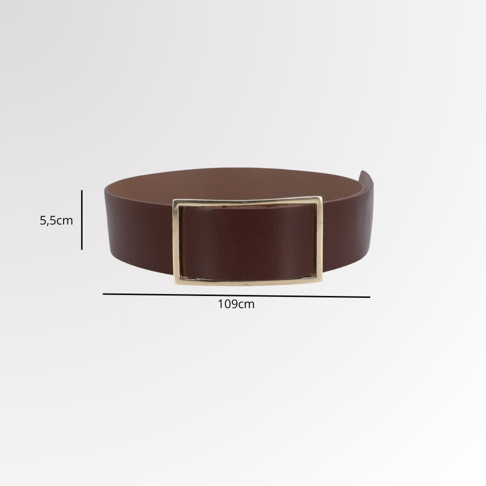 Cinto Feminino em Couro com Fivela Retangular Dourada Marrom