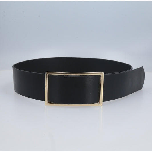 Cinto Feminino em Couro com Fivela Retangular Dourada Preto