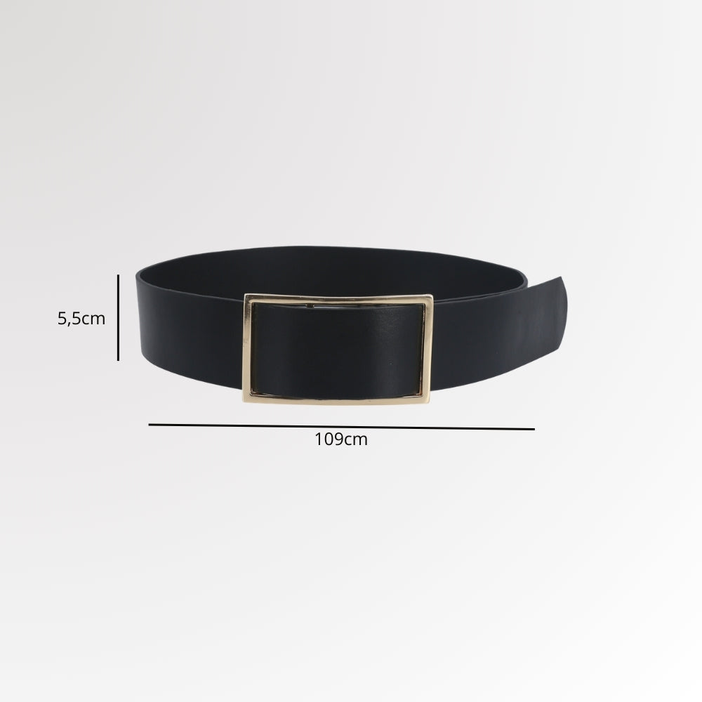 Cinto Feminino em Couro com Fivela Retangular Dourada Preto