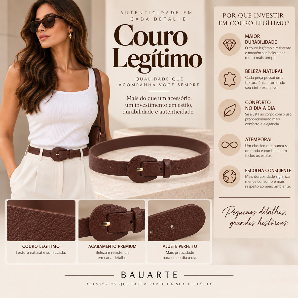 Cinto Feminino de Couro com Fivela Encapada Oval Marrom