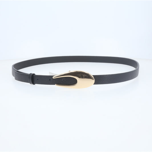 Cinto de Couro com Fivela Curva Metalizada Preto