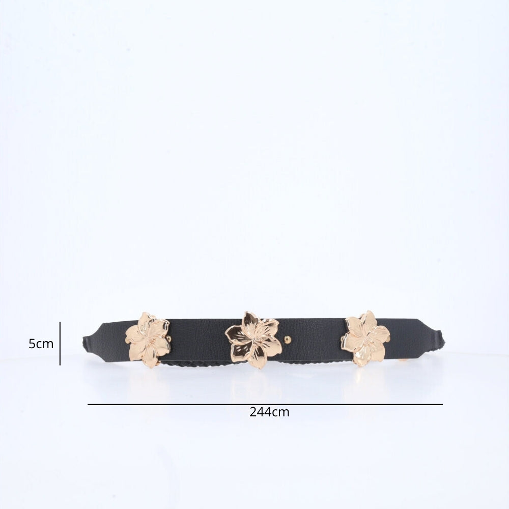 Cinto Feminino de Couro com Flores Preto