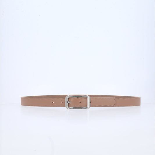 Cinto Feminino em Couro com fivela Prateada Bege