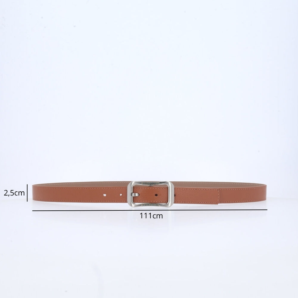 Cinto Feminino em Couro com fivela Prateada Caramelo