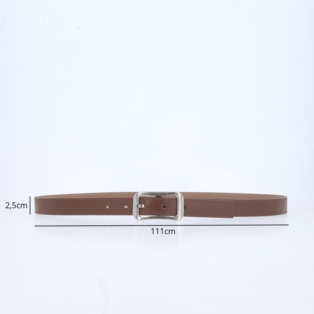 Cinto Feminino em Couro com fivela Prateada Marrom