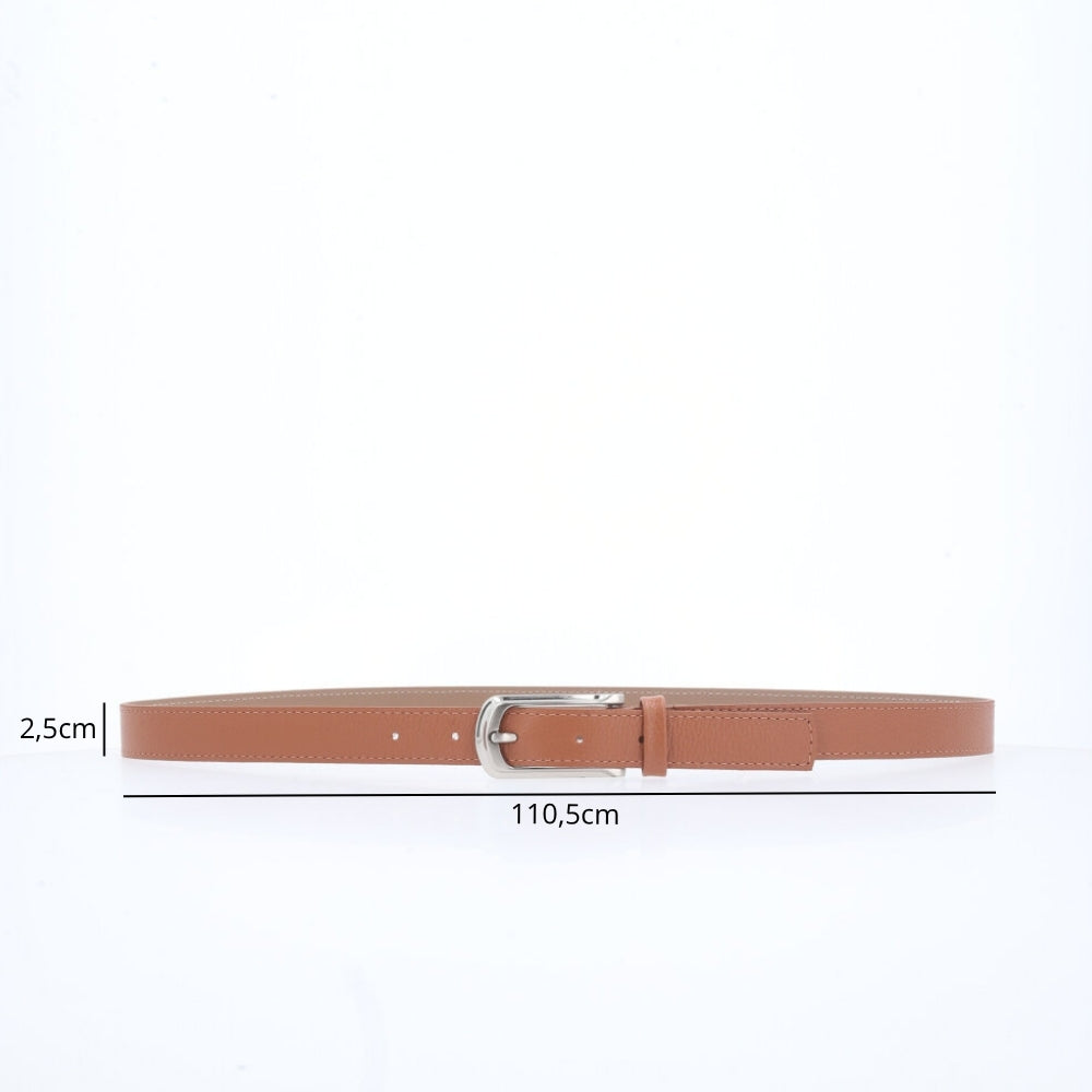 Cinto Feminino em Couro com Fivela Prateada Caramelo
