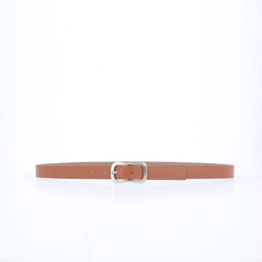 Cinto Feminino em Couro com Fivela Prateada Caramelo