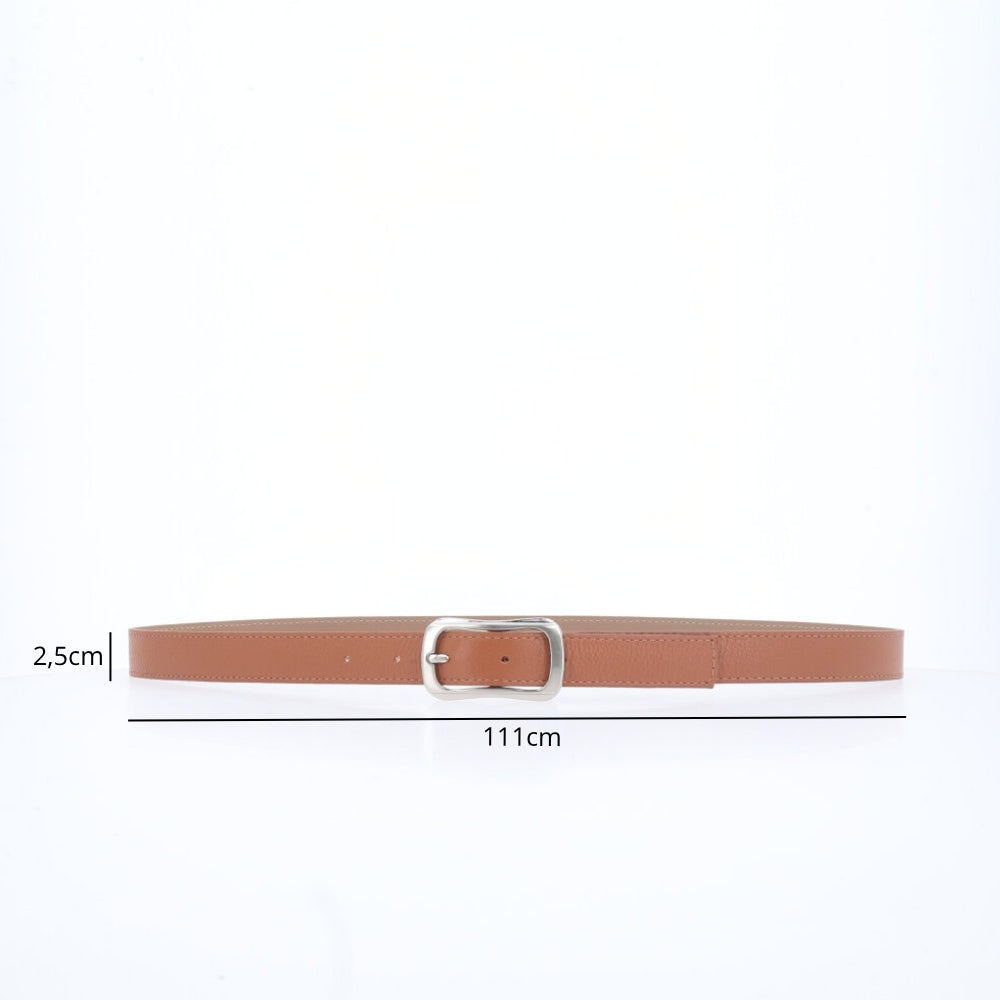 Cinto Feminino em Couro com Fivela Prateada Caramelo