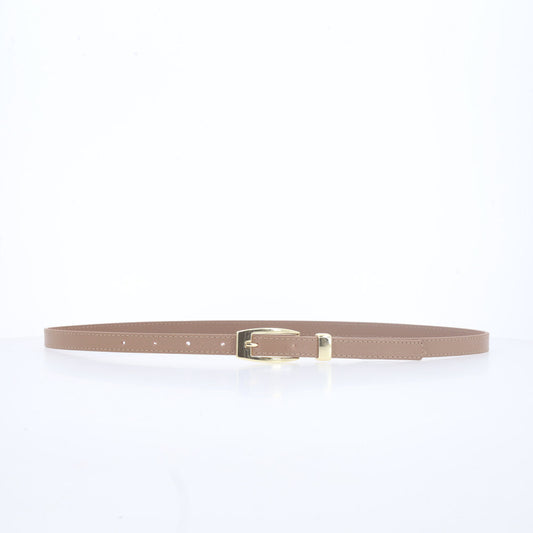 Cinto de Couro com Fivela de Metal Dourada Bege