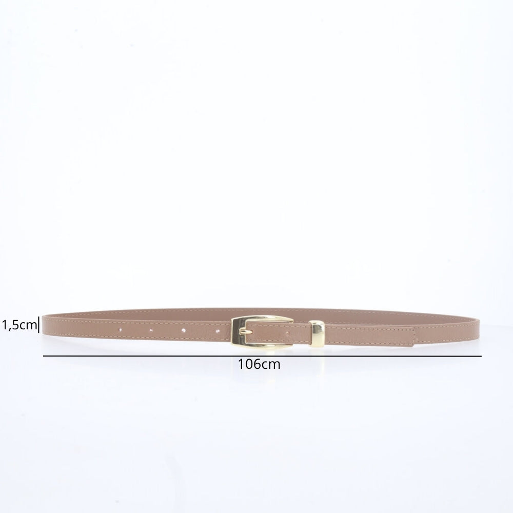 Cinto de Couro com Fivela de Metal Dourada Bege