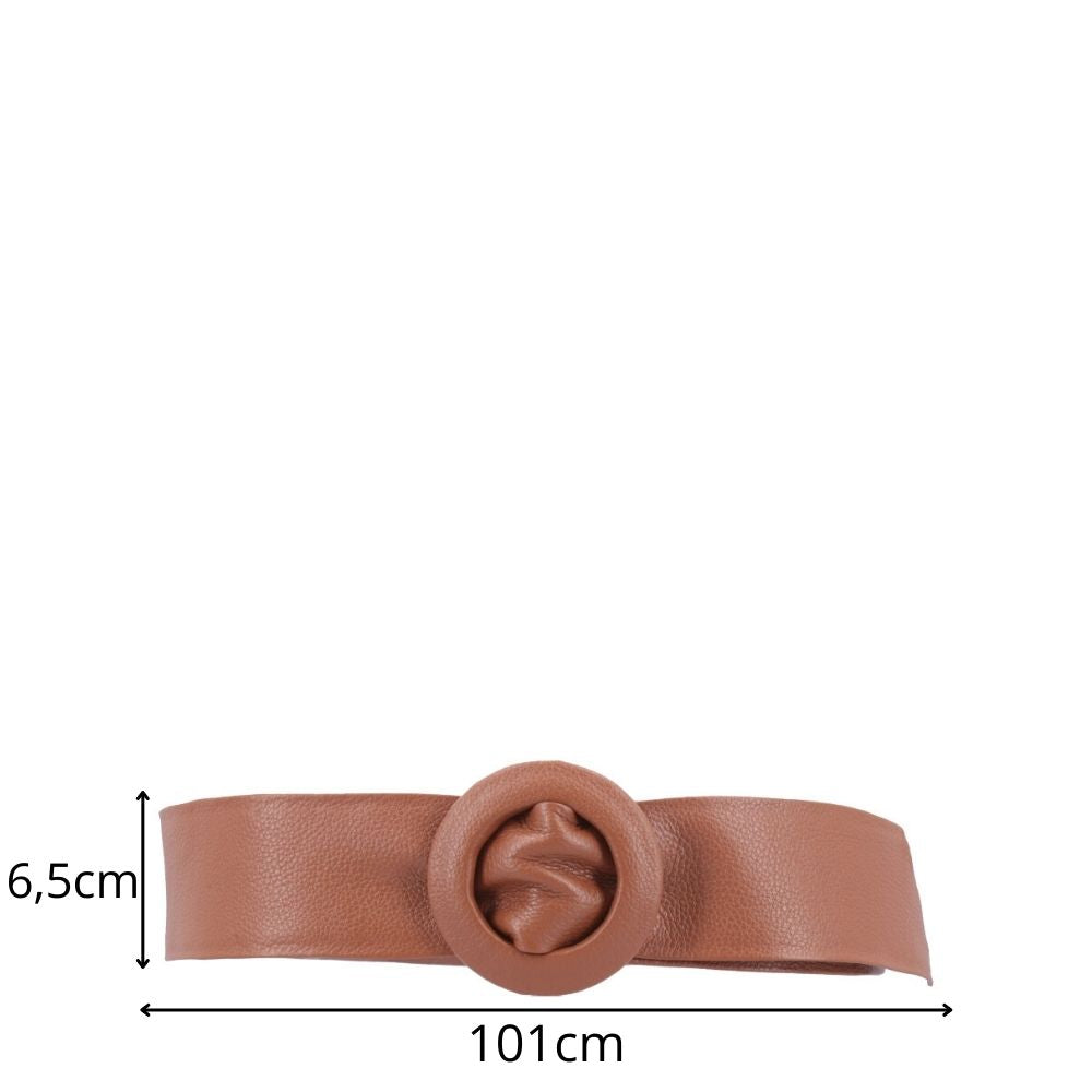 Cinto Faixa Feminino de Couro com Fivela Redonda Encapada Caramelo
