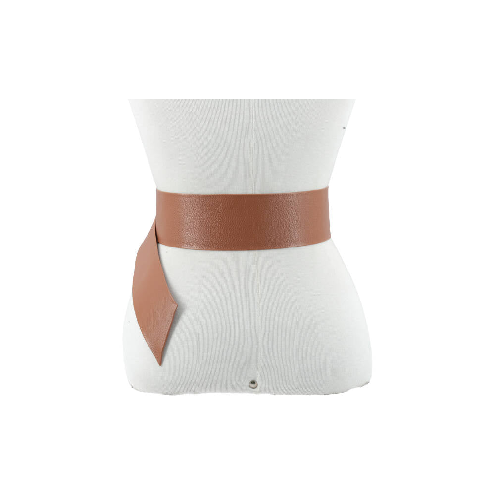 Cinto Faixa Feminino de Couro com Fivela Redonda Encapada Caramelo