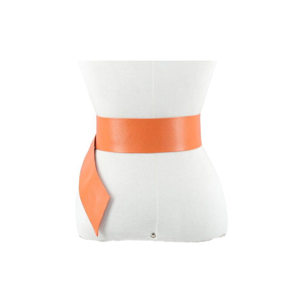 Cinto Faixa Feminino de Couro com Fivela Redonda Encapada Laranja