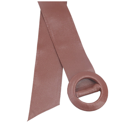 Cinto Faixa Feminino de Couro com Fivela Redonda Encapada Marrom