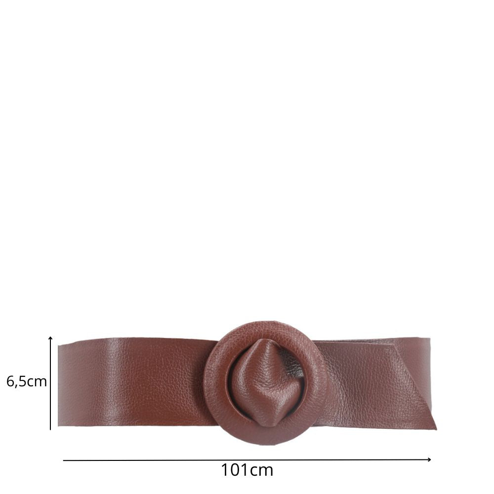 Cinto Faixa Feminino de Couro com Fivela Redonda Encapada Marrom