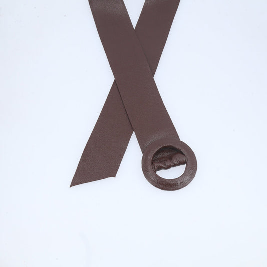 Cinto Faixa Feminino de Couro com Fivela Redonda Encapada Marrom escuro