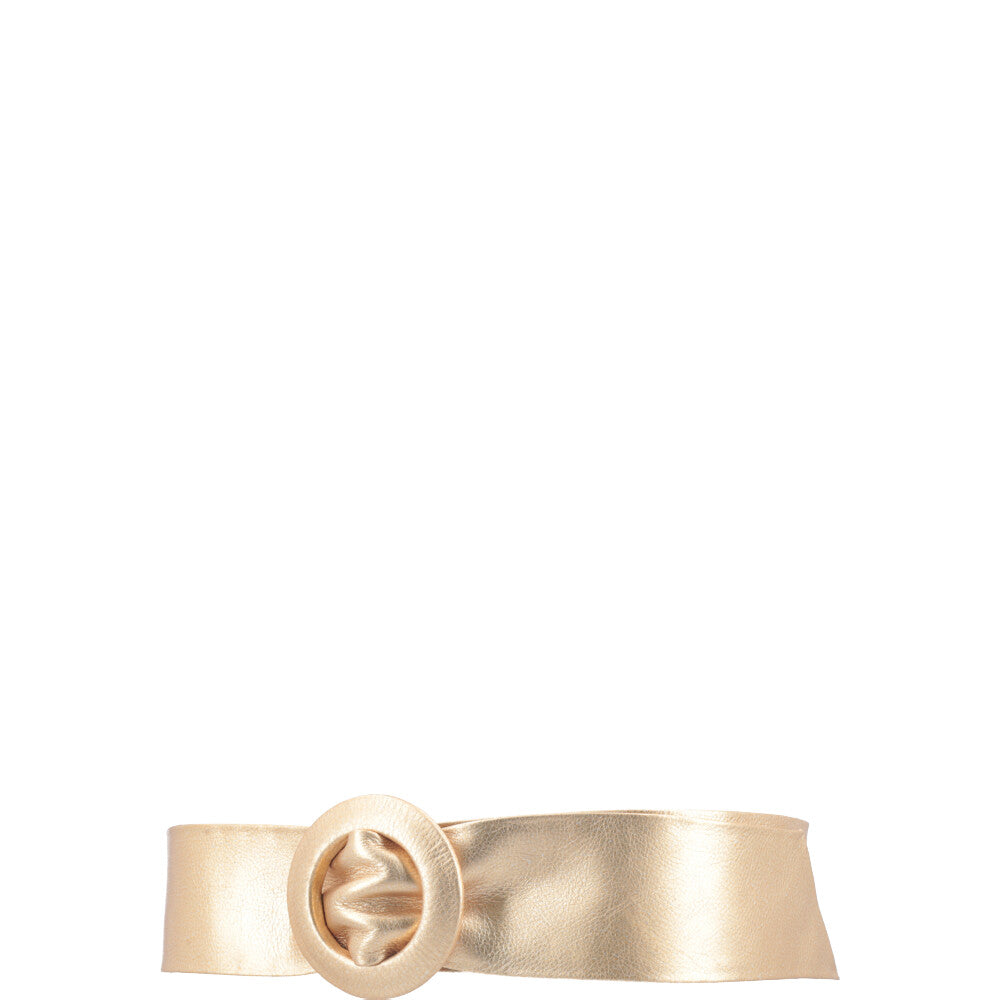 Cinto Faixa Feminino de Couro com Fivela Redonda Encapada Ouro