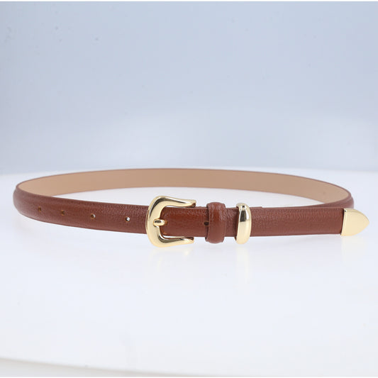 Cinto Feminino de Couro Abaulado com Fivela Dourada Caramelo