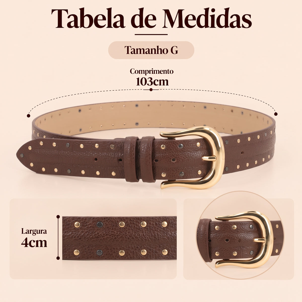 Cinto de Couro com Forro de Couro e Aplicações de Tachas Marrom