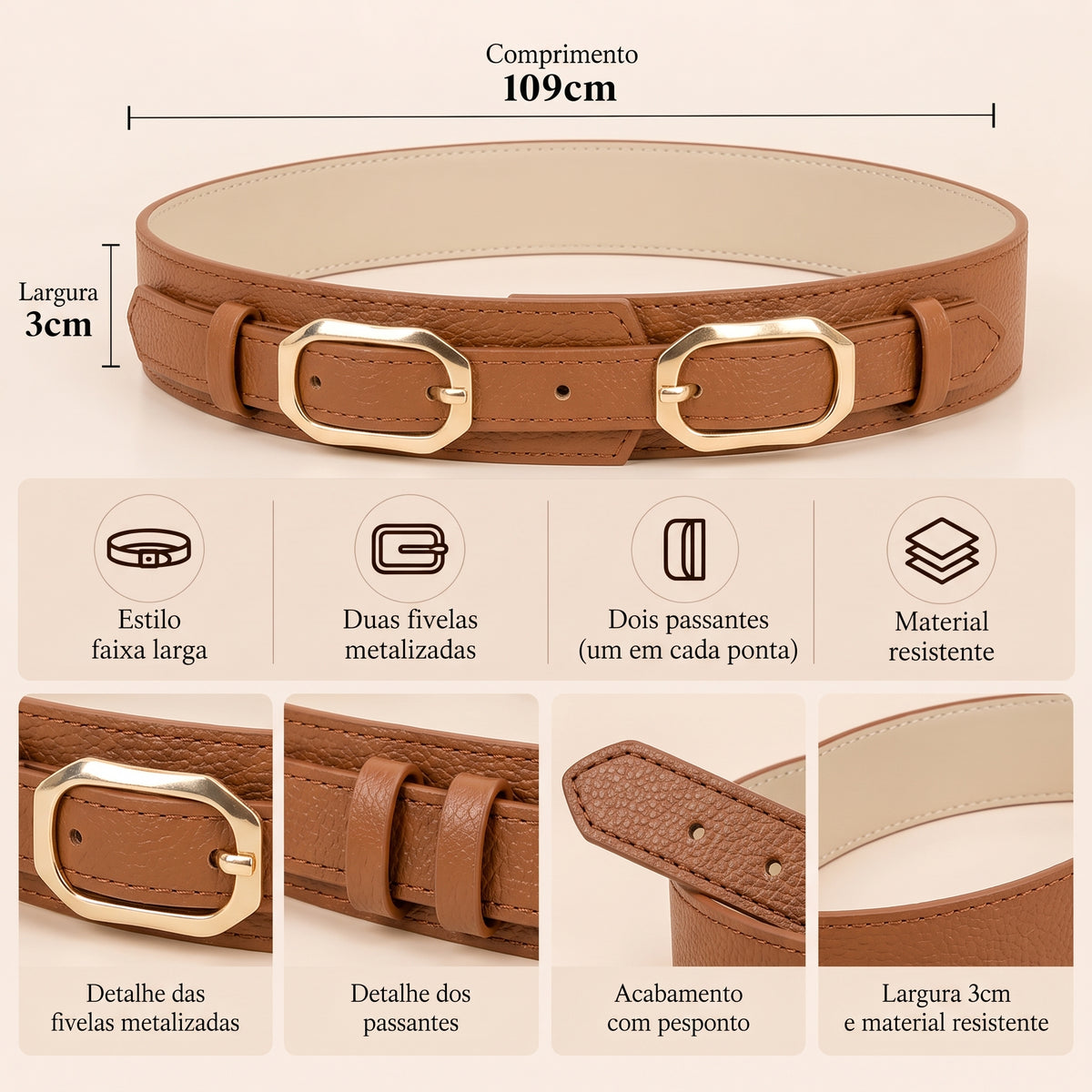 Cinto de Couro Estilo Faixa Larga com Duas Fivelas Caramelo