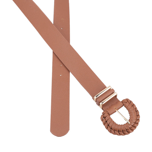Cinto Feminino de Couro com Fivela Tressê Redonda Caramelo