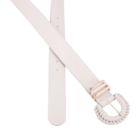 Cinto Feminino de Couro com Fivela Tressê Redonda Marfim