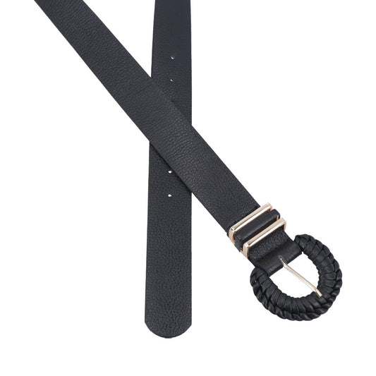 Cinto Feminino de Couro com Fivela Tressê Redonda Preto