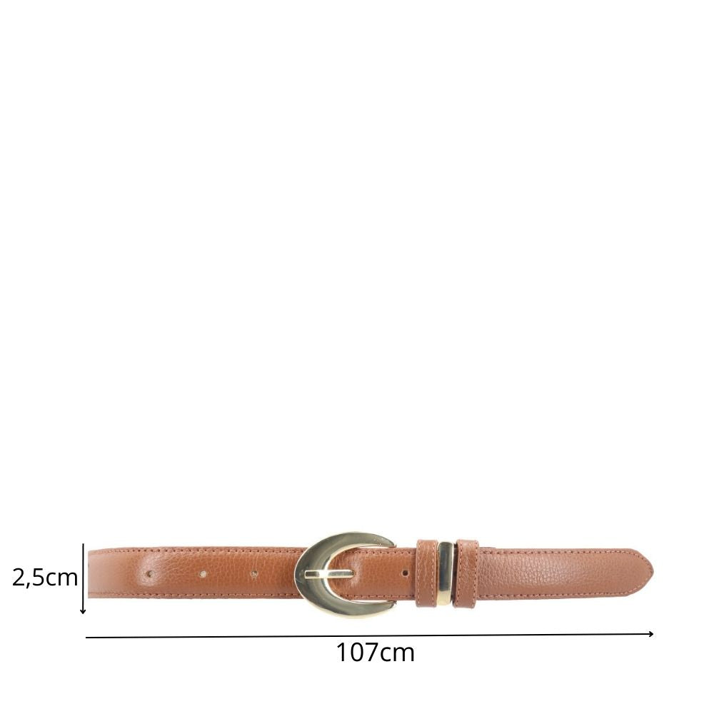 Cinto Feminino de Couro com Fivela Oval Metalizada Caramelo