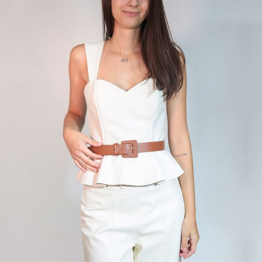 Cinto Feminino de Couro com Fivela Quadrada Encapada Caramelo