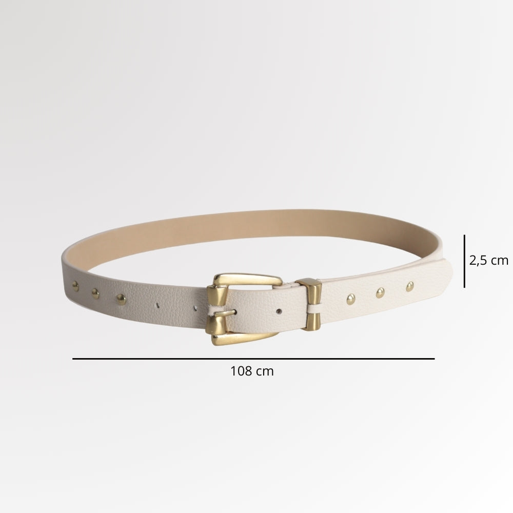 Cinto Feminino de Couro com Fivela Metalizada Dourada Marfim
