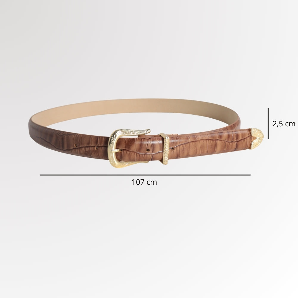Cinto Feminino de Couro Croco Fivela Dourada Caramelo