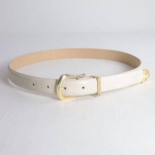 Cinto Feminino de Couro Croco Fivela Dourada Marfim