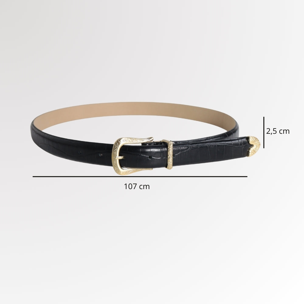 Cinto Feminino de Couro Croco Fivela Dourada Preto