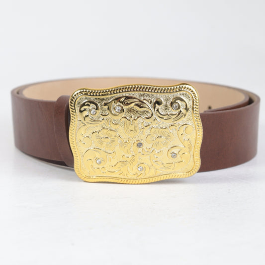 Cinto Feminino de Couro com Fivela Trabalhada Marrom