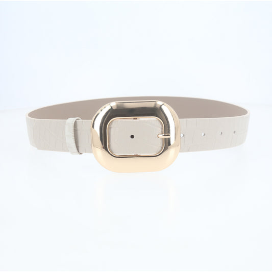 Cinto Feminino em Couro Croco com Fivela Metalizada Dourada Marfim