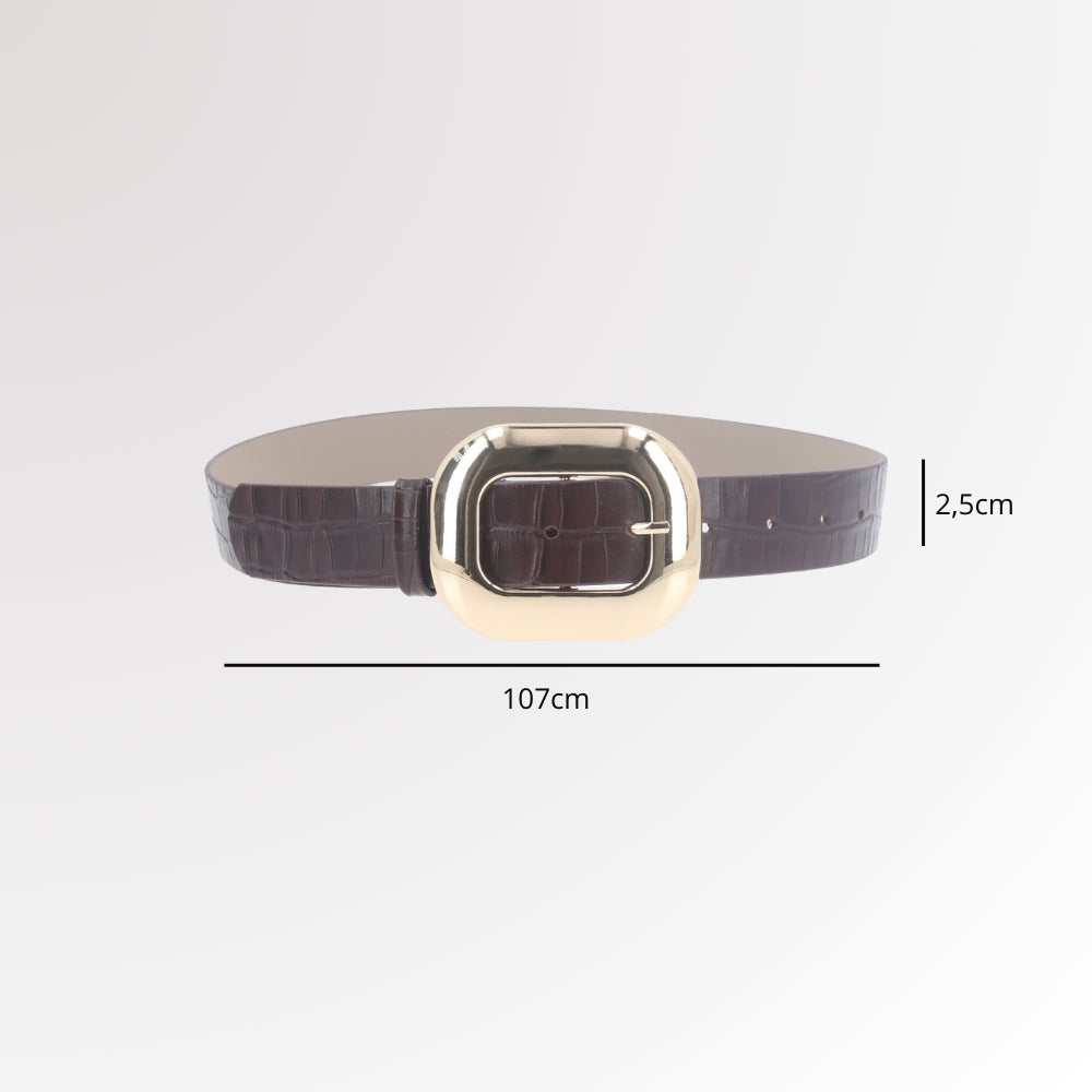 Cinto Feminino em Couro Croco com Fivela Metalizada Dourada Marrom