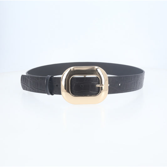 Cinto Feminino em Couro Croco com Fivela Metalizada Dourada Preto