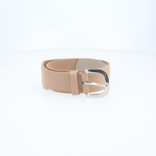 Cinto Largo de Elástico com Acabamento em Couro Bege