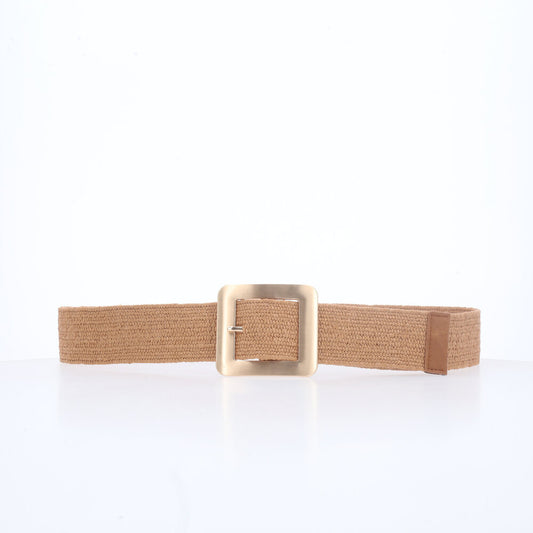 Cinto Feminino de Ráfia com Elástico e Fivela Metalizada Caramelo