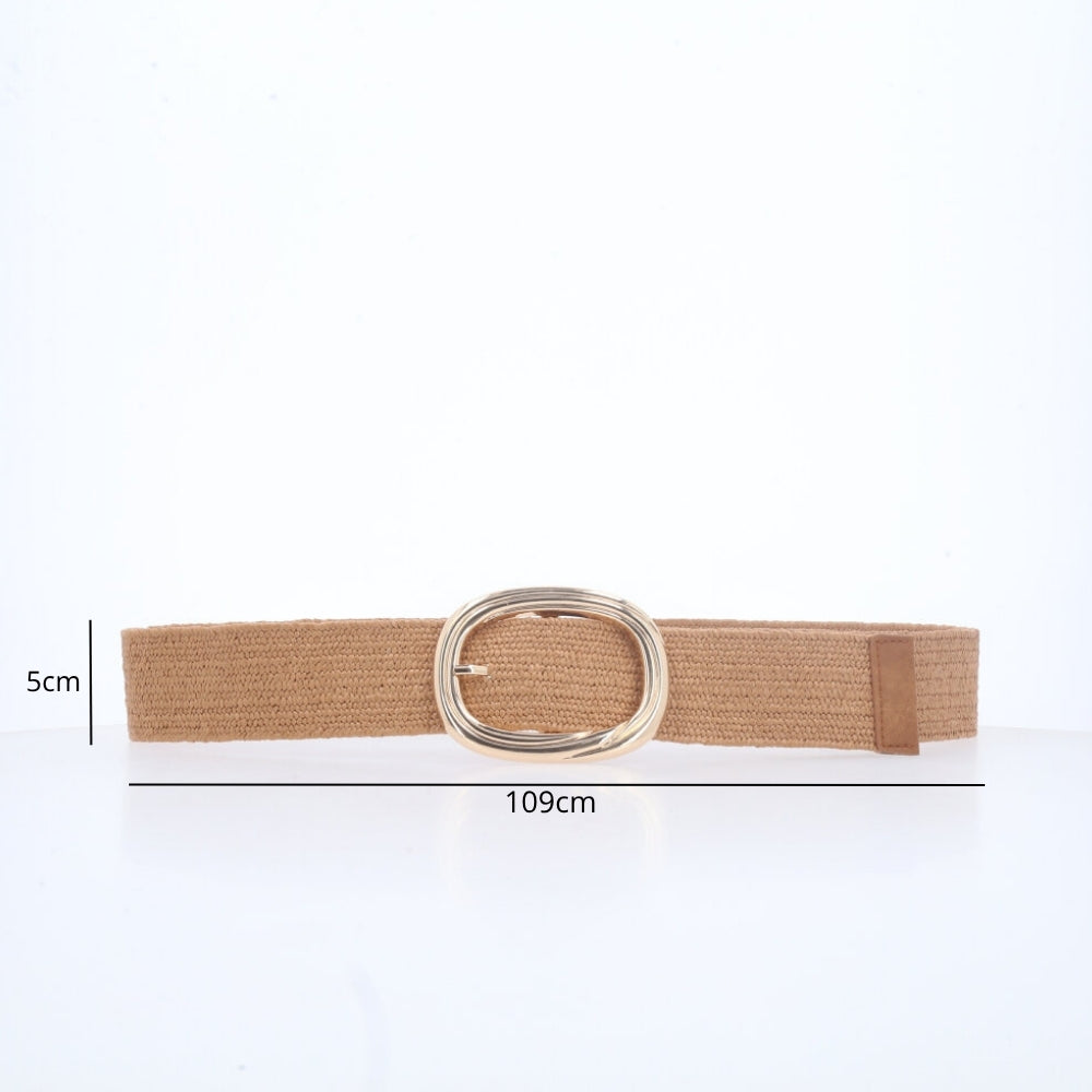 Cinto de Ráfia com Elástico e Fivela Oval Metalizada Caramelo
