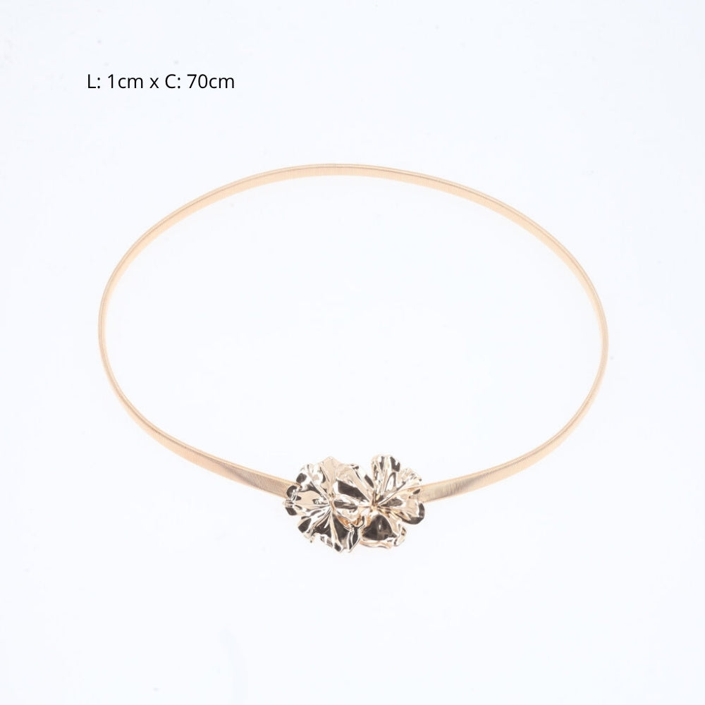 Cinto Metálico com Mola Elástica e Fivela de Flor Ouro