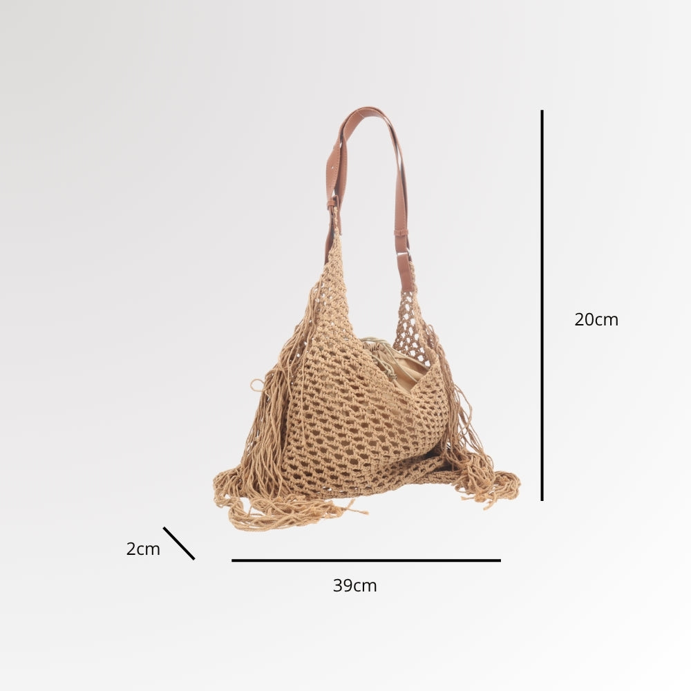 Bolsa Grande em Crochê com Detalhe em Franjas Caramelo