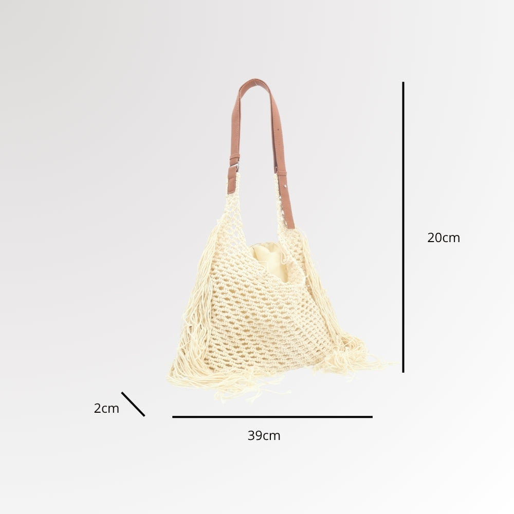 Bolsa Grande em Crochê com Detalhe em Franjas Marfim