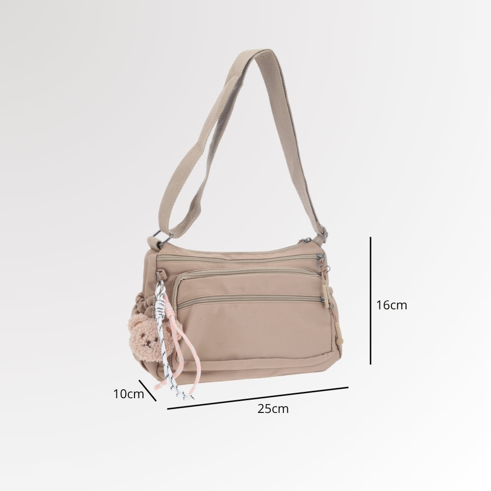 Bolsa Feminina Nylon Transversal com Bolsos e Zíper Caqui