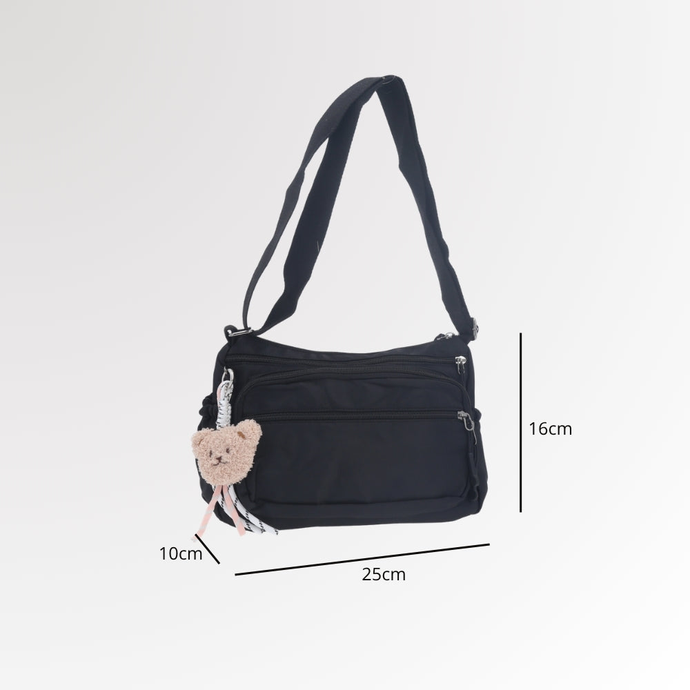 Bolsa Feminina Nylon Transversal com Bolsos e Zíper Preto