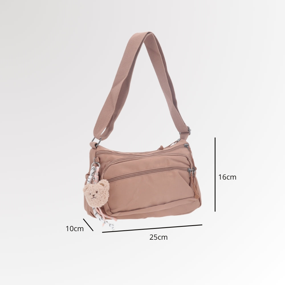 Bolsa Feminina Nylon Transversal com Bolsos e Zíper Rose