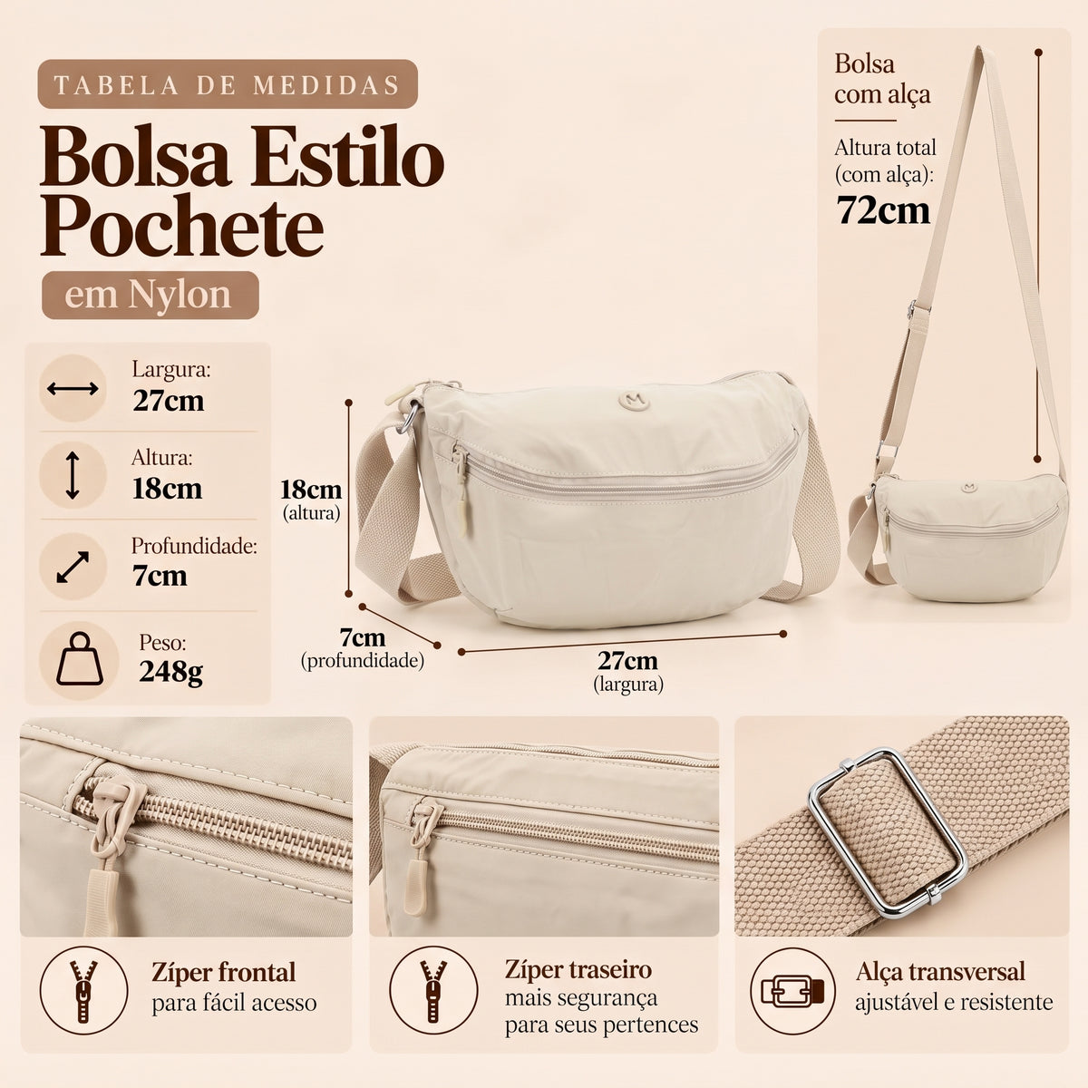 Bolsa Transversal Estilo Pochete em Nylon Marfim