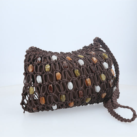 Bolsa em Crochê com Aplique de Madrepérolas Marrom escuro