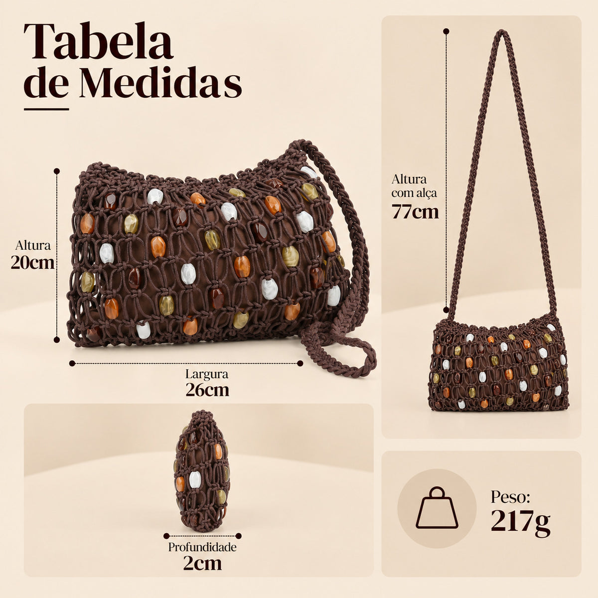 Bolsa em Crochê com Aplique de Madrepérolas Marrom escuro